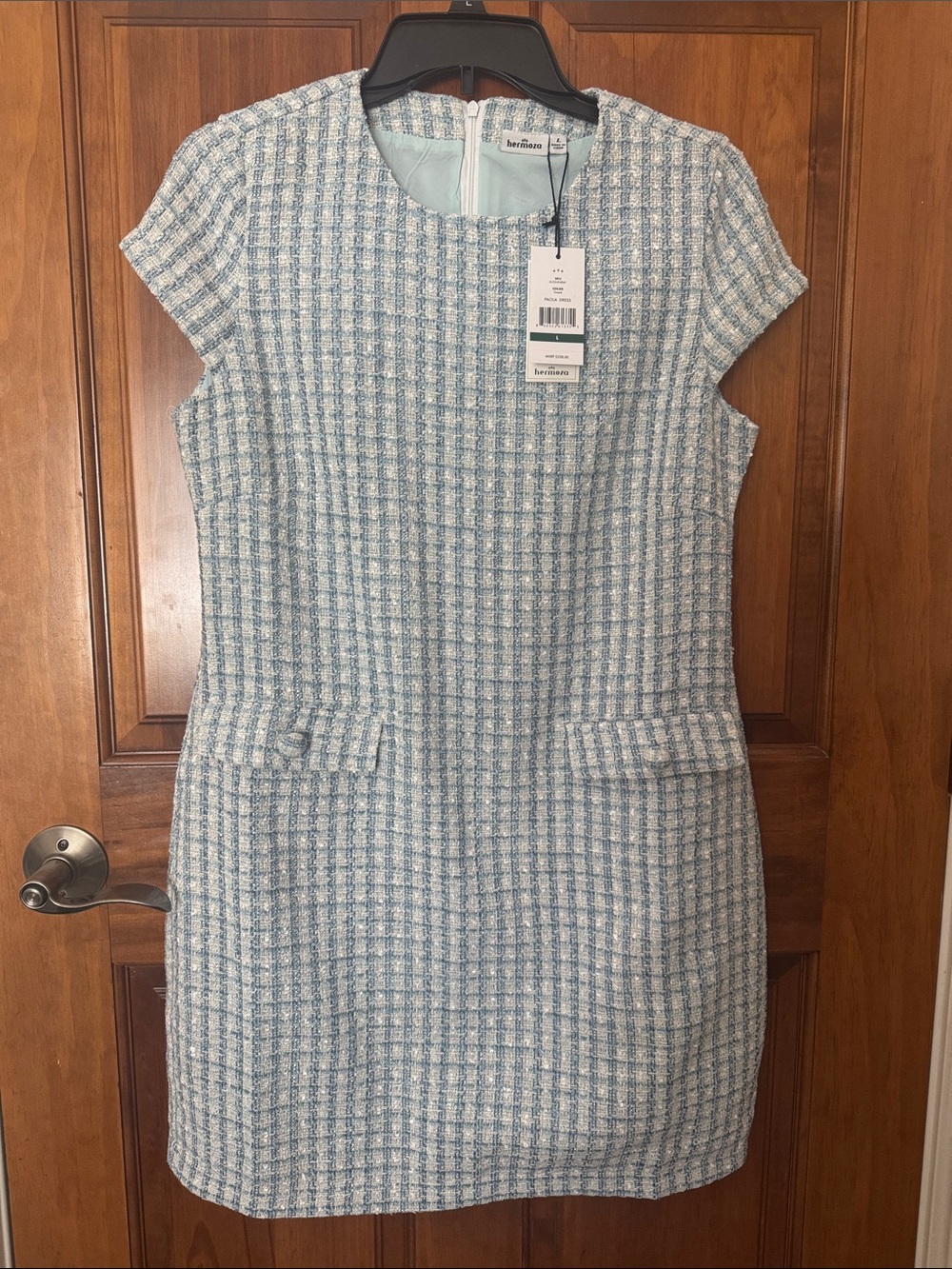 Hermoza Light Blue and White Tweed Mini Sheath Dress